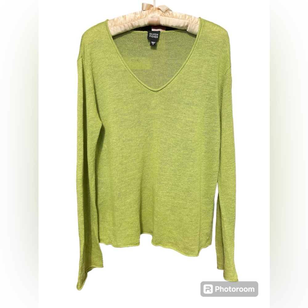 Eileen Fisher Lovely Lime Green V- Neck Sweater SZ S Rolled Hem Edge